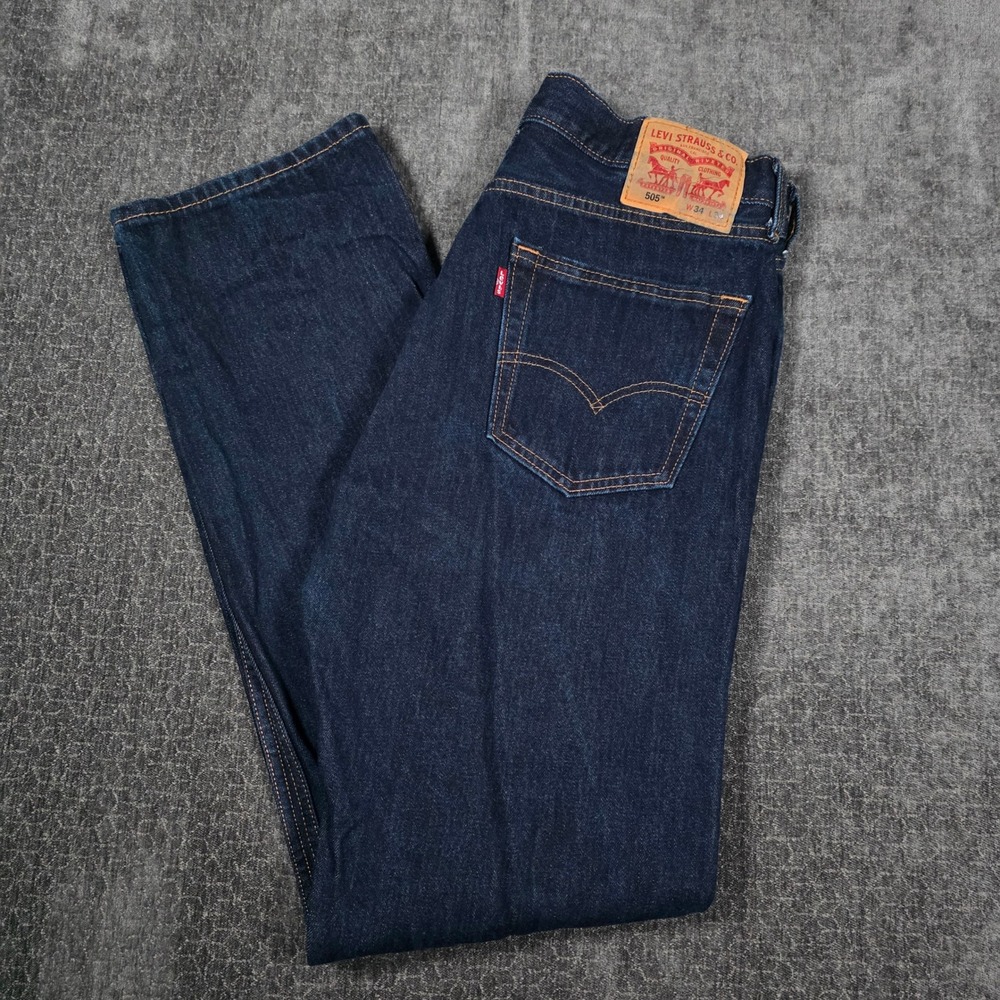 Levis 505 Regular Fit Straight Leg Jeans Dark Wash Mens 34x34 Indigo Denim Punk